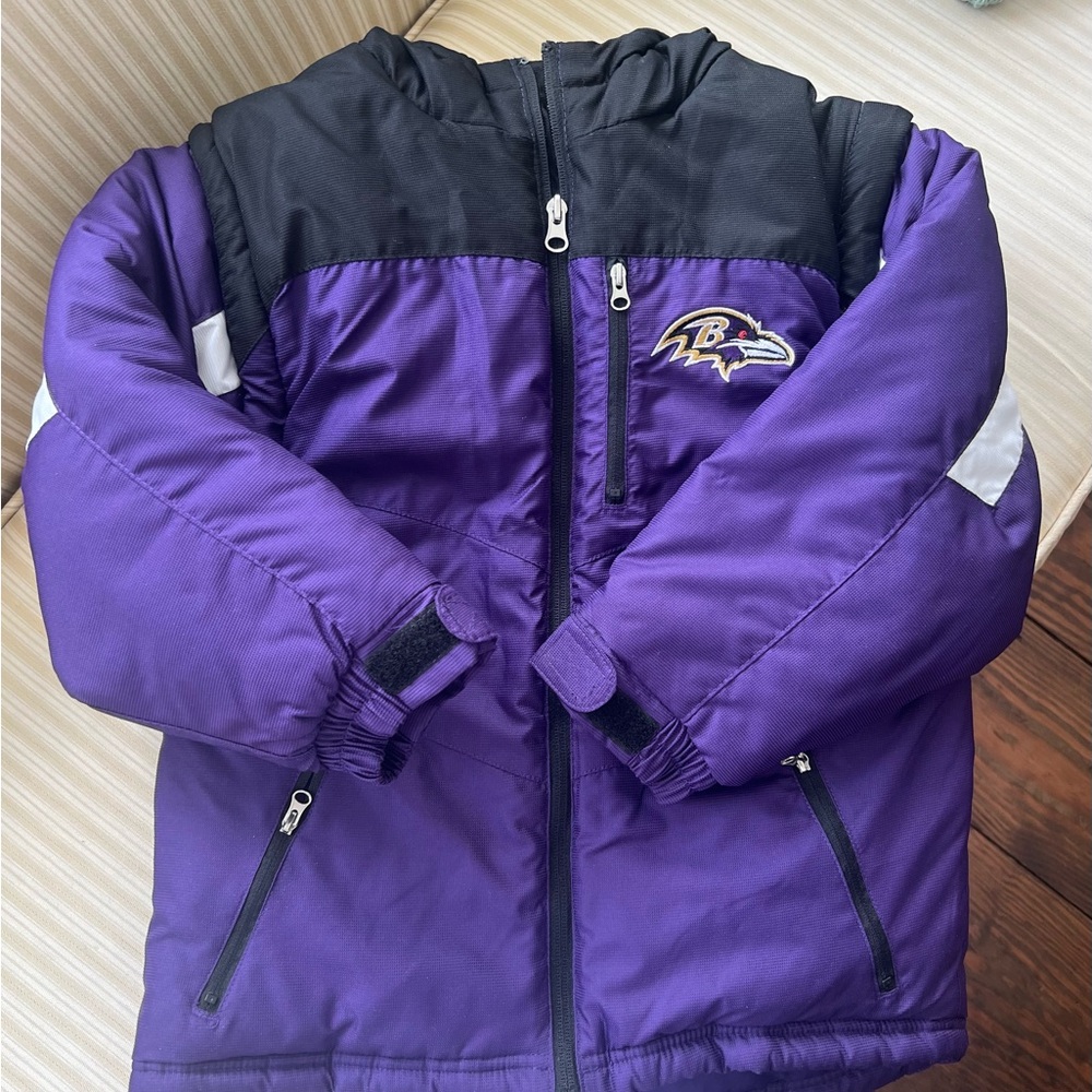 NFL Kids Purple and Black Puffer Coat/Vest with Hood Baltimore Ravens size 5/6